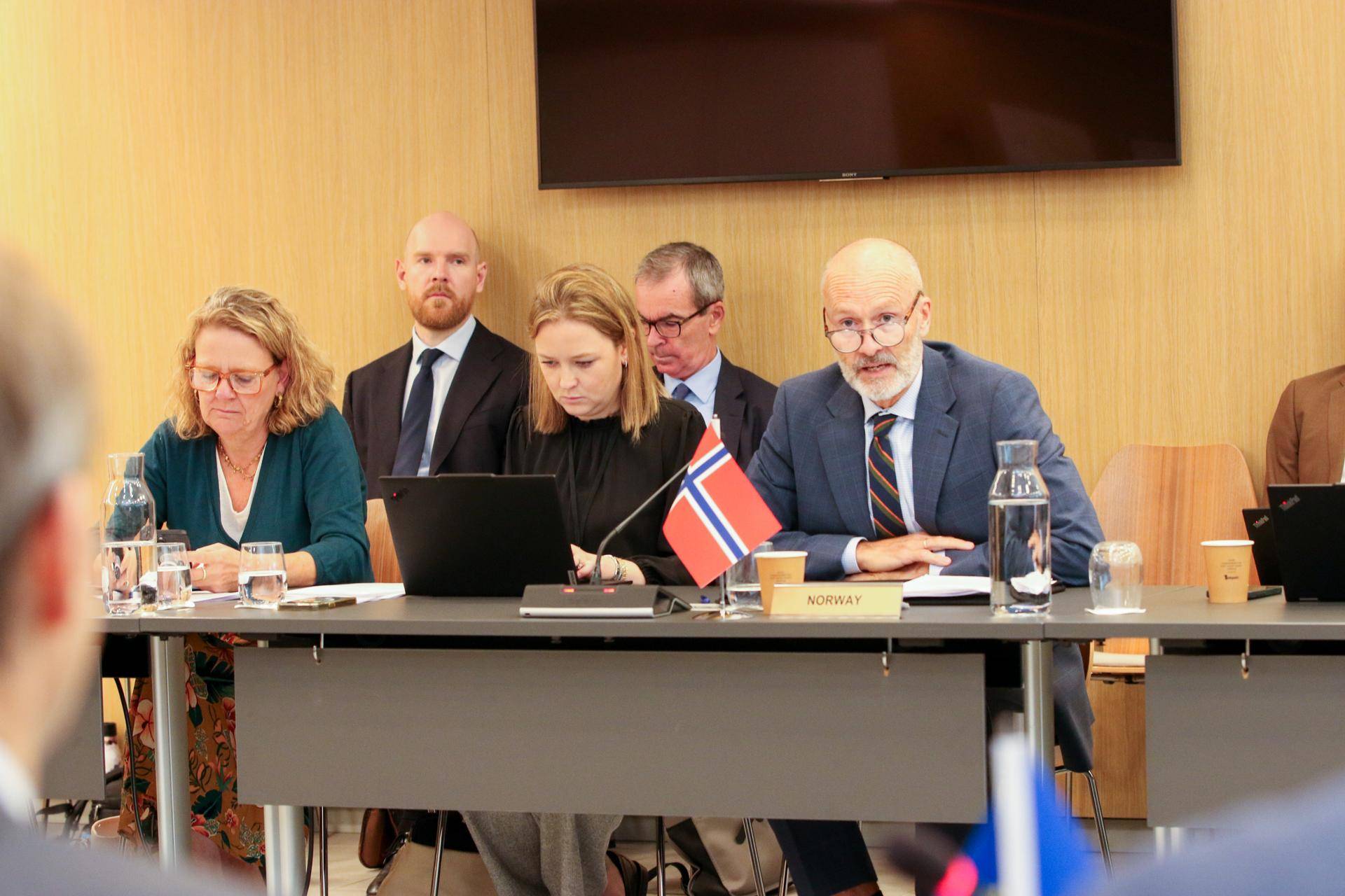 Bilde av Lubna Jaffery og Michael McGrath som står foran EU-flagget.