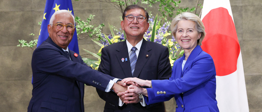 Fra venstre til høyre: Presidenten for Det europeiske råd, Antonio Costa, Japans statsminister, Shigeru Ishiba, og presidenten for Europakommisjonen, Ursula von der Leyen.
