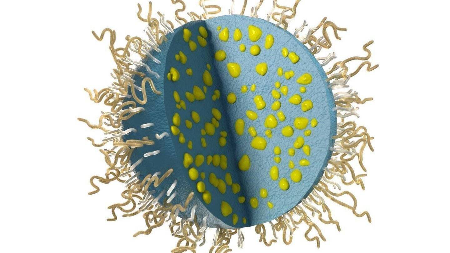 Illustrasjon av en nanopartikkel med et innkapslet legemiddel