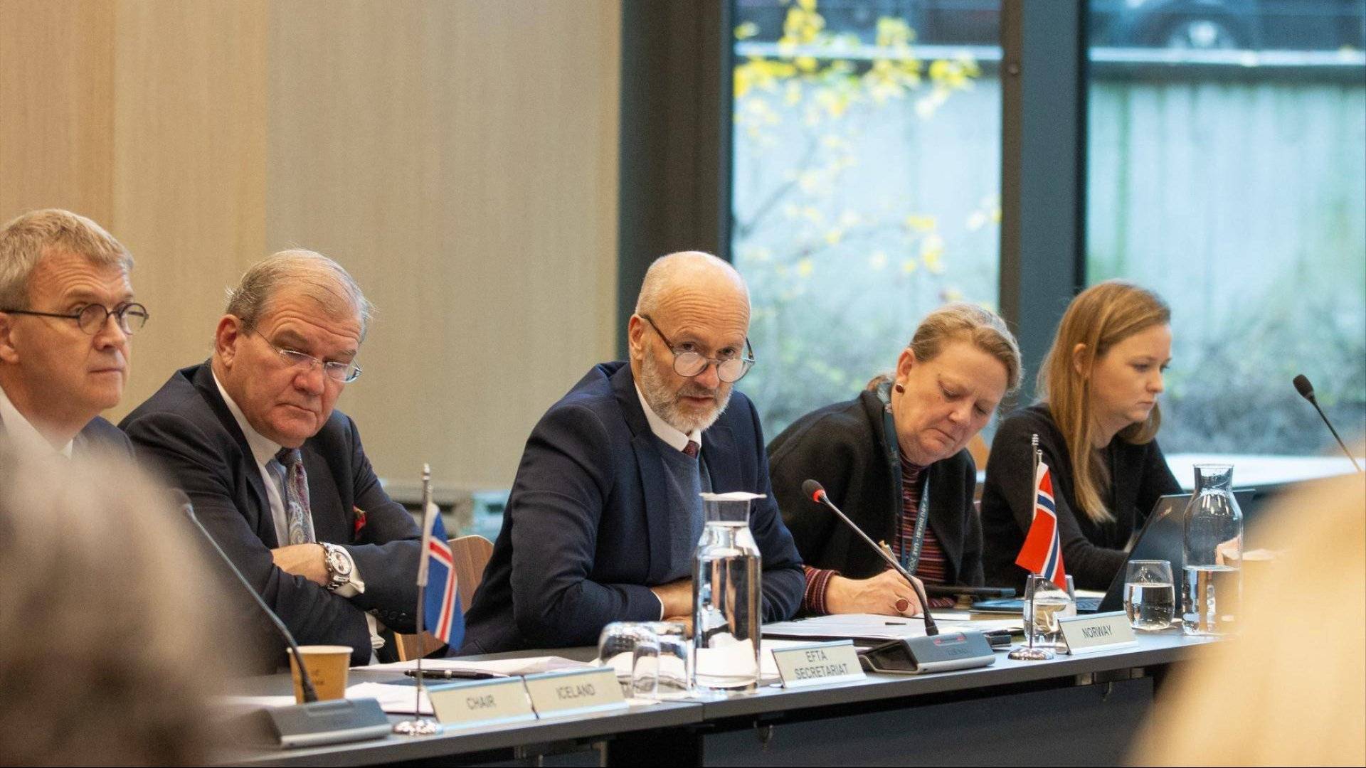 Bilde av blant annet Norges ambassadør til EU Anders Eide under møte i EØS-komiteen