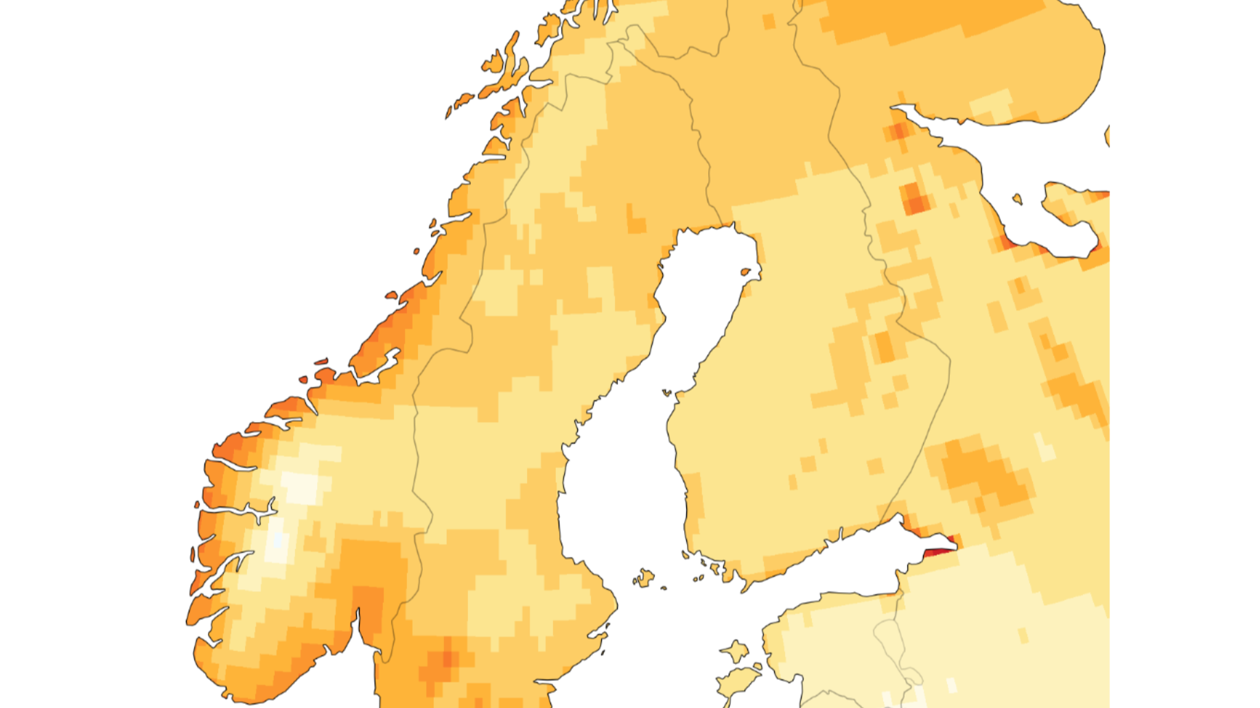 Grafikk som viser positive avvik i vekstgraddager i Fennoskandia i 2025.