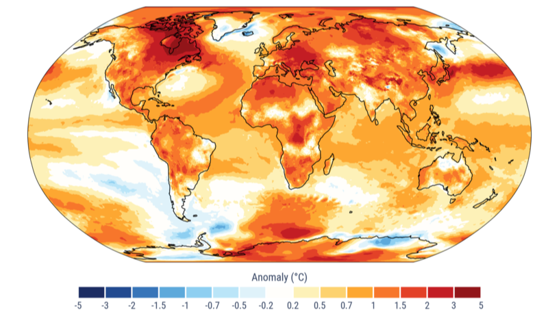 Bilde fra EUs klimaovervåkingstjeneste Copernicus (C3S) som demonstrerer hvordan temperaturen har økt